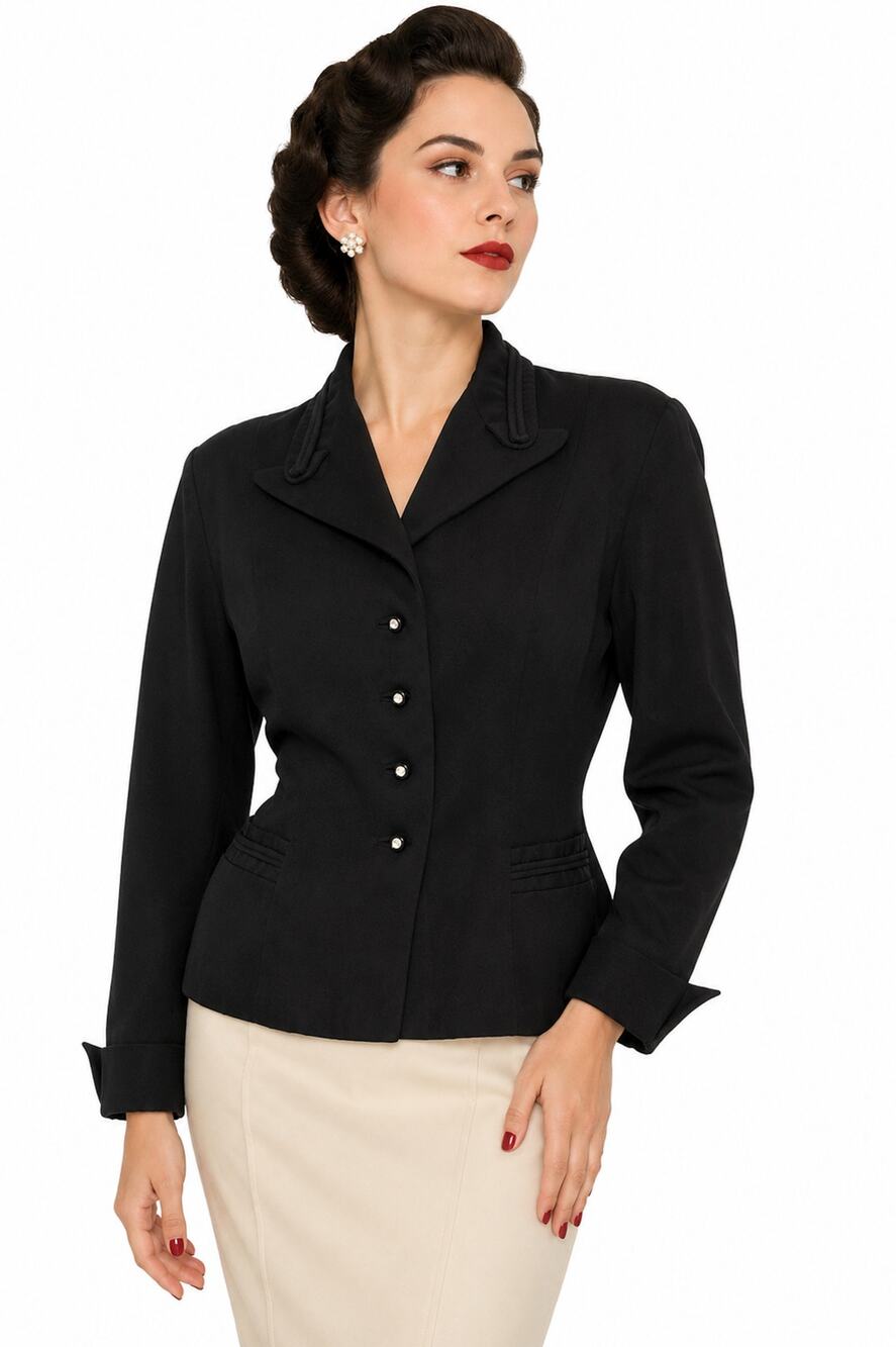 Vintage 1940s Black Gabardine Jacket Rhinestone Buttons Split Cuffs S/M